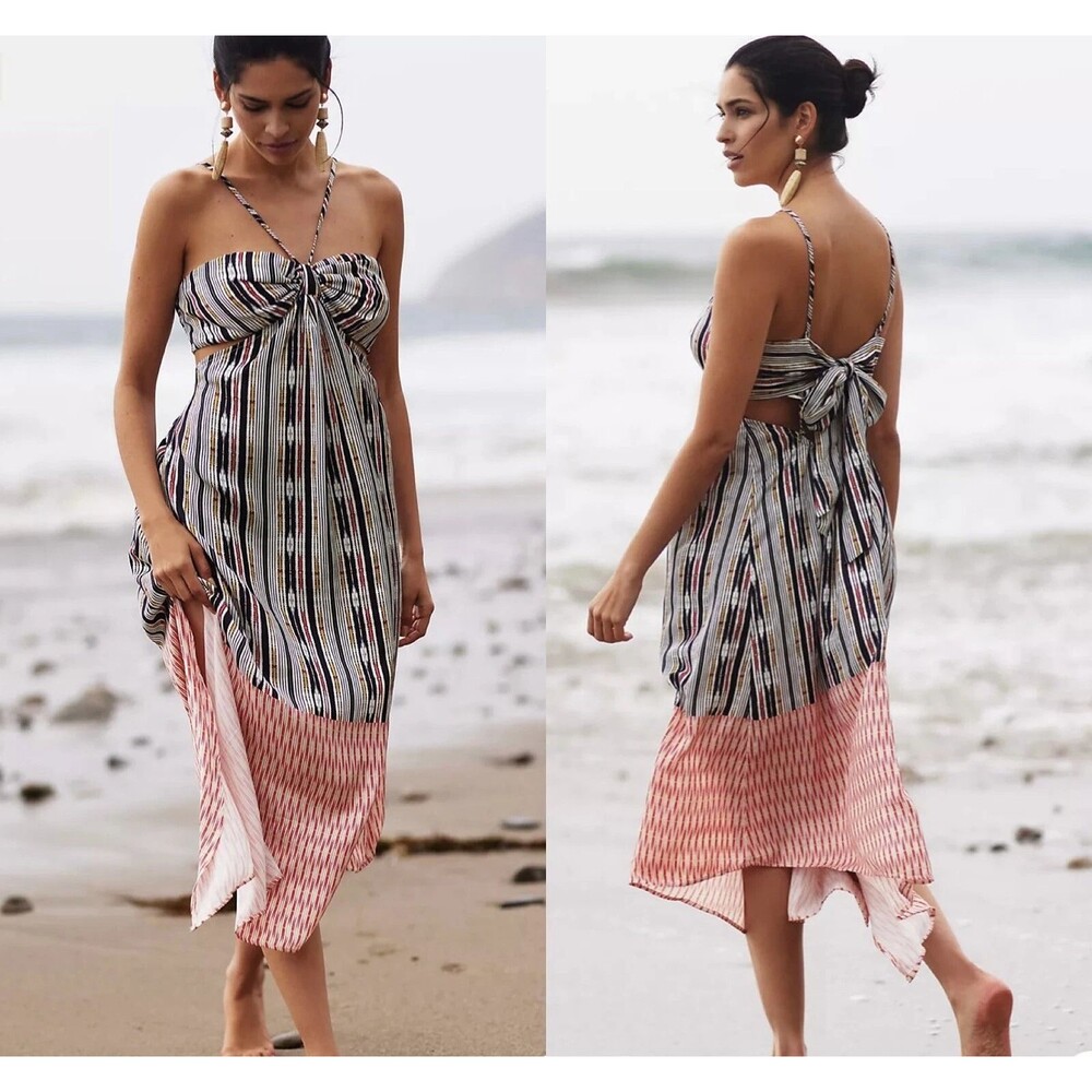 By Anthropologie Bare Cutout Bandeau Maxi Dress Geometric Stripes Coastal Hippie